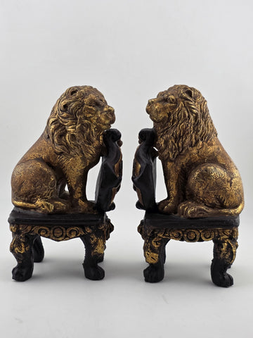 Pair Antique Carved Wood Heraldic Lions Bookends Fleur-de-Lis Shield Gold &Black