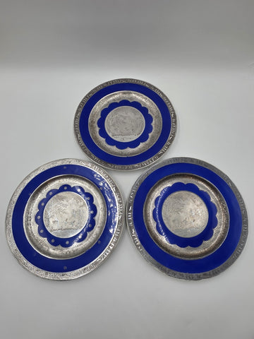 Set of 3 Antique Czech Silver Inlaid Blue Enamel Fairy Plates c.1910 Art Nouveau