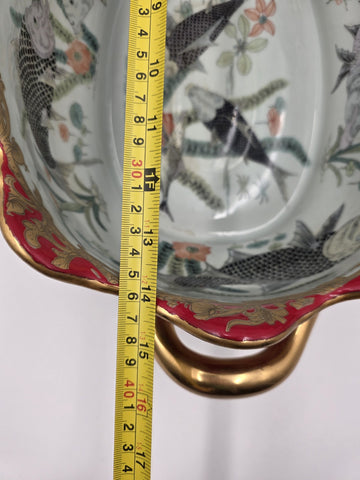 Antique XL Chinese handpainted Red porcelain 24kt gold Oval Footbath, Jardiniere