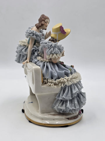 Antique German Dresden Lace Porcelain Figurine Two Ladies On Bench Volkstedt