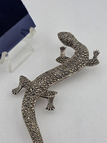 LARGE STERLING SILVER MARCASITE LIFE SIZE LIZARD PIN BROOCH SALAMANDER. 6 Inch.