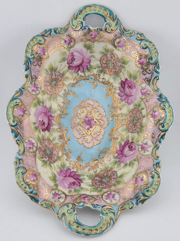 1910's Victorian German Porcelain Handled Bowl Raised Gold &Roses RS Style 11.5"