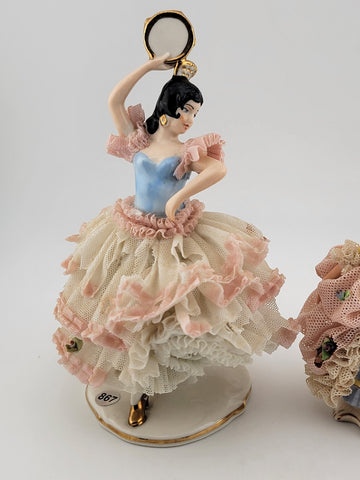 Set Of 2 Volkstedt Germany Dresden Lace Small Ballerina Pink Porcelain Figurines