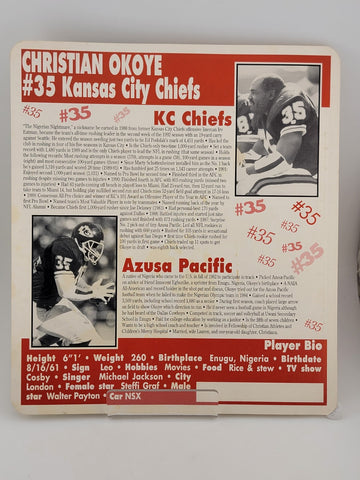 CHRISTIAN OKOYE, 8 x 10 Hand Signed KANSAS CITY CHIEFS Player Bio on Back