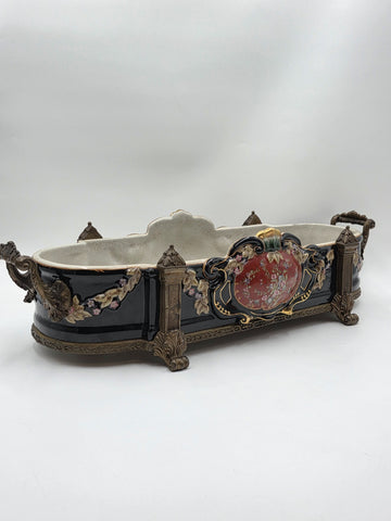 ANTIQUE XL CASTILIAN PORCELAIN BRONZE BOWL CENTERPIECE CLAWFOOT FLORAL VICTORIAN
