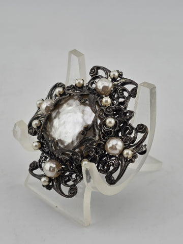 VTG 1950s Signed Miriam Haskell Brooch Pin 1 7/8 Filigree Faux Pearls Ornate