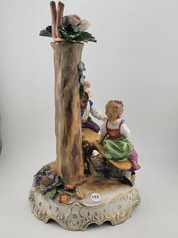 ANTIQUE 19th C DRESDEN VON SCHIERHOLZ BOY & GIRL ON SEESAW FIGURINE. 10.5 in.
