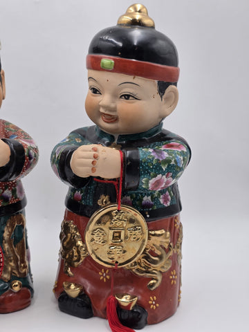 XL 15 inch Vintage Chinese Boy & Girl Prosperity Figurines Pair Good Luck Wealth