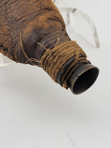 Antique 19th century leather shot black powder flask pouch tube Brass cap end