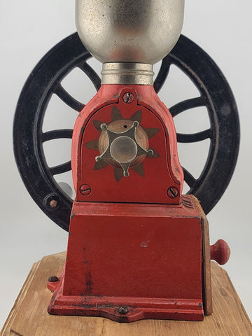 Vintage Elma Big Wheel Coffee Mill Grinder Cast Iron Wheel Mounted On Wood Base