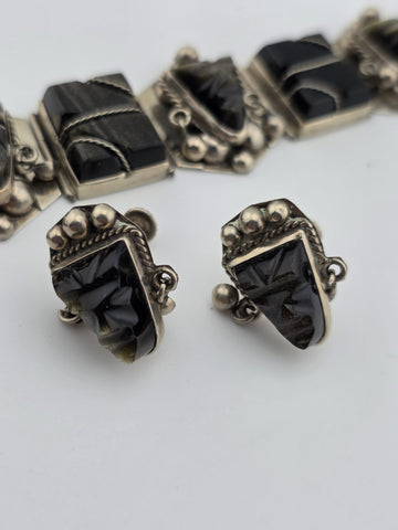 VINTAGE Mexican TAXCO STERLING SILVER 925 BRACELET & Earrings Obsidian Tribal.