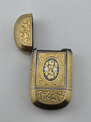 Rare Spanish Damascene Gold Inlaid Steel Vesta Match Safe Case Toledo c.1880