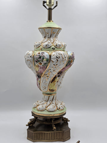 Vintage Italian Capodimonte Hand-Painted Porcelain Table Lamp W Metal Base.