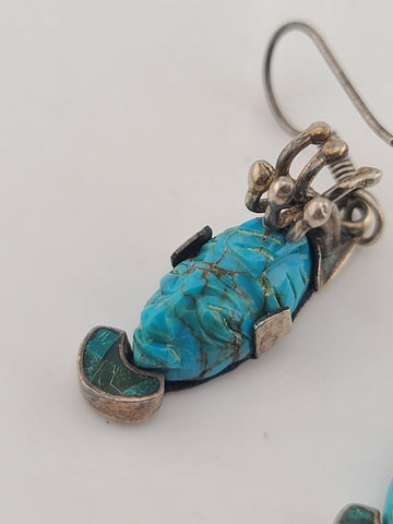 OOAK Vintage Mexican Sterling Silver Aztec-Style Turquoise Face Drop Earrings