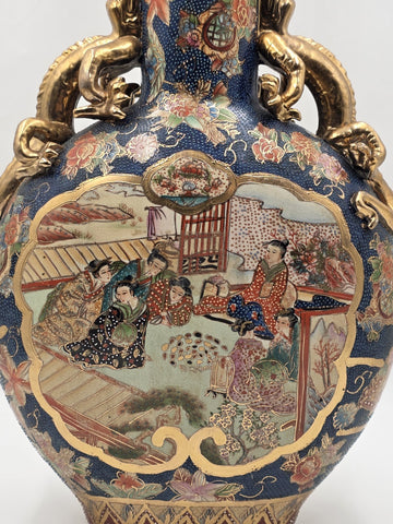 Vintage Royal Satsuma Moon Flask Bottle Vase Gold Gilt Dragon Handles Large 14"