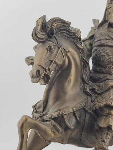 Antique 9" Chinese Ancient Bronze Guan Gong Yu Warrior God Ride Horse Statue