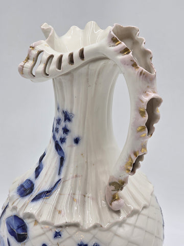 Antique 19th C Royal Worcester 1892 Porcelain Blue & Gold Floral Relief Pitcher