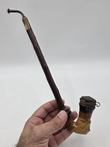 Antique C1890 German Figural Ceramic Tobacco Pipe Long Wood Stem Hinged Wind Cap