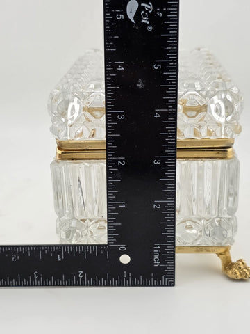 French Baccarat Style Jewelry Casket Footed Box Heavy Crystal Glass Hinged Lid