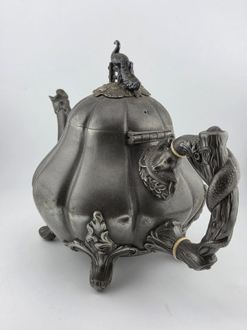Rare Shaw & Fischer Sheffield Pewter Teapot Hinged Lid Snake Holding Fish Handle