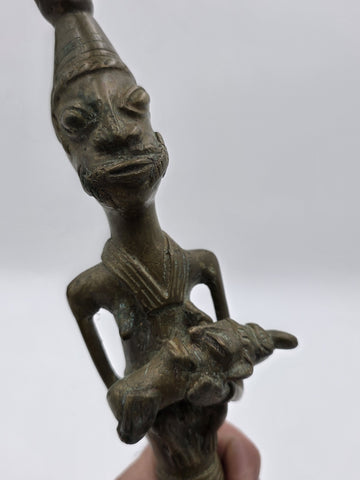 Vintage 1950's West African Bronze Ritual Staff Mother & Child Figural Sculpture