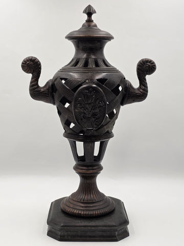 Antique Heavy Bronze Neoclassical Urn Ram Head Handles Pierced Vase Empire Style