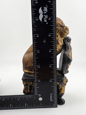 Pair Antique Carved Wood Heraldic Lions Bookends Fleur-de-Lis Shield Gold &Black