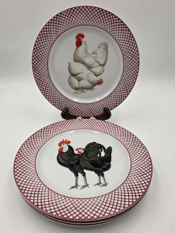 Set of 4 Devonshire Haldon Dinner Plates White Black Rooster Hen Red Lattice.