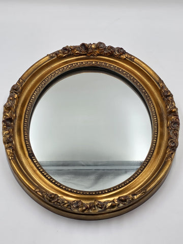 Antique Hand Carved Gilt Wood Oval Mirror Roses Floral Rococo 17” Wall Decor