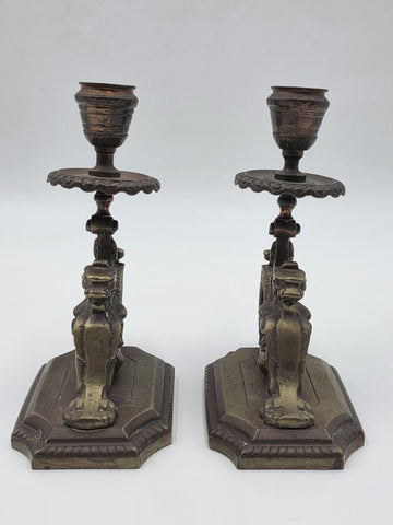 Antique Pair Solid Bronze Griffin Candlesticks Renaissance Revival Winged Lions