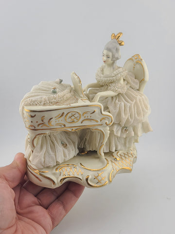 Antique Dresden Art Porcelain Lady at Grand Piano Figurine Lace Dress Germany