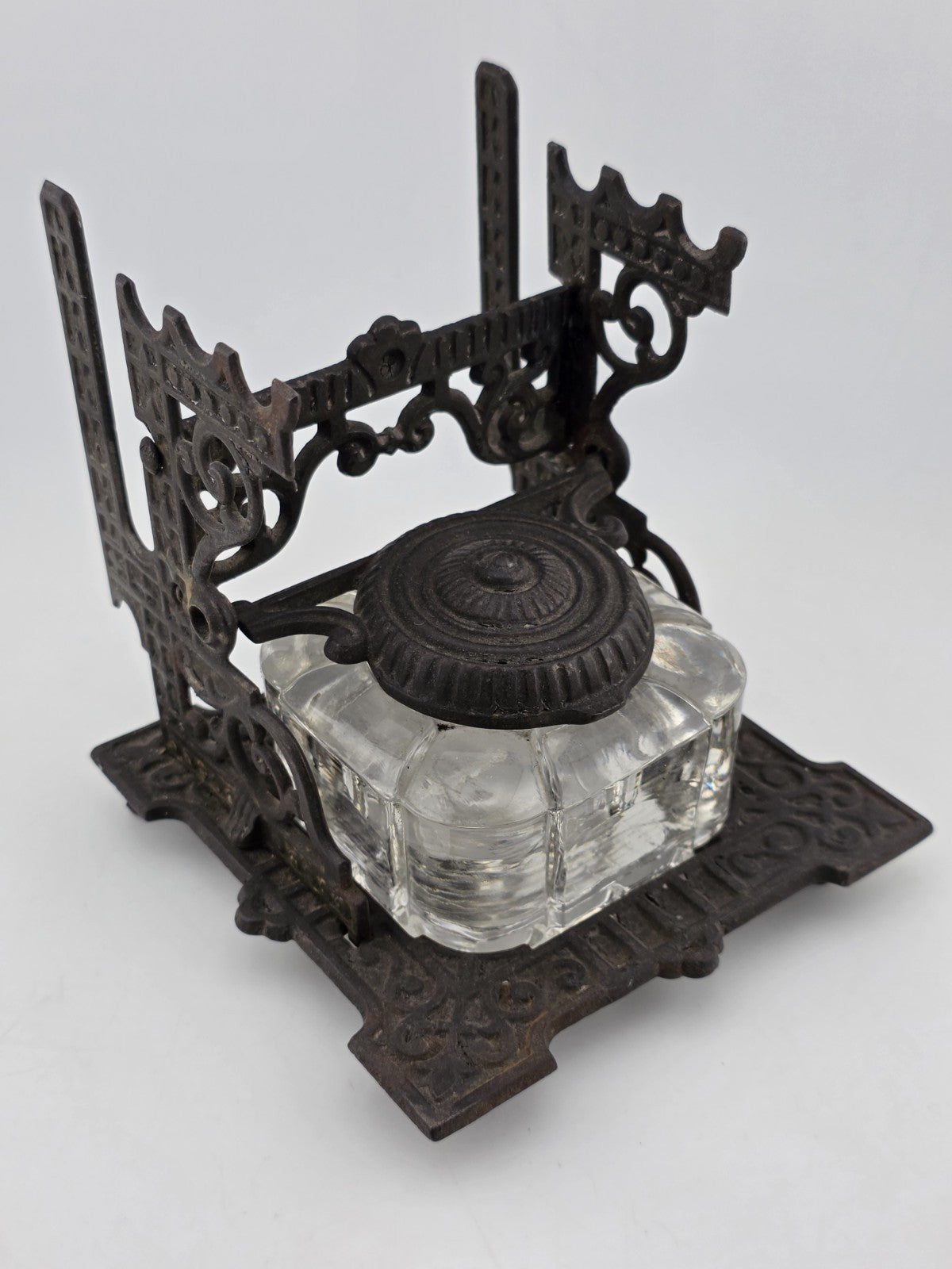 Antique TATUM'S Postal Ink Stand Cast Iron Glass Inkwell Quill & Envelope Holder