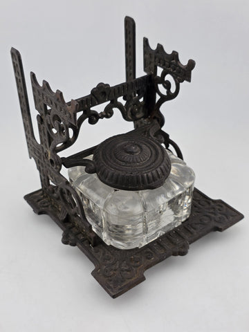 Antique TATUM'S Postal Ink Stand Cast Iron Glass Inkwell Quill & Envelope Holder