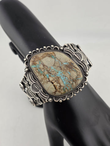 Huge Vintage Oscar Alexius Turquoise Sterling Silver Cuff Bracelet Navajo Signed
