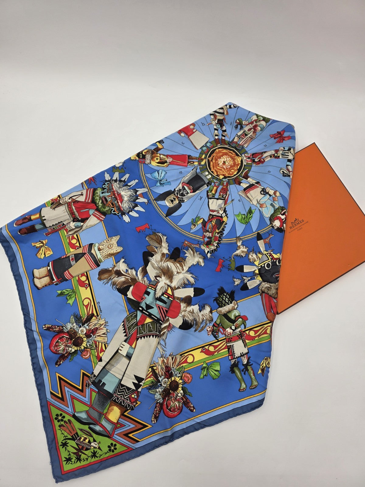 Rare Hermes Kachinas Scarf 90cm Silk Twill Hopi Design Blue Multicolor W Box.