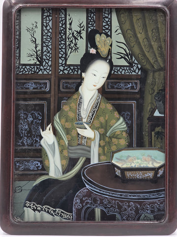 Antique Chinese Reverse Painted Glass Court Lady Portrait Hardwood Frame 14"
