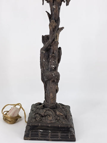 Antique Bronze Table Lamp with Palm Tree & Monkey, Beige Silk & Pleated Shade,