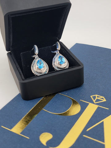 Gorgeous Set Of Natural Blue Topaz & Natural Cut Diamonds Earings W Certificate