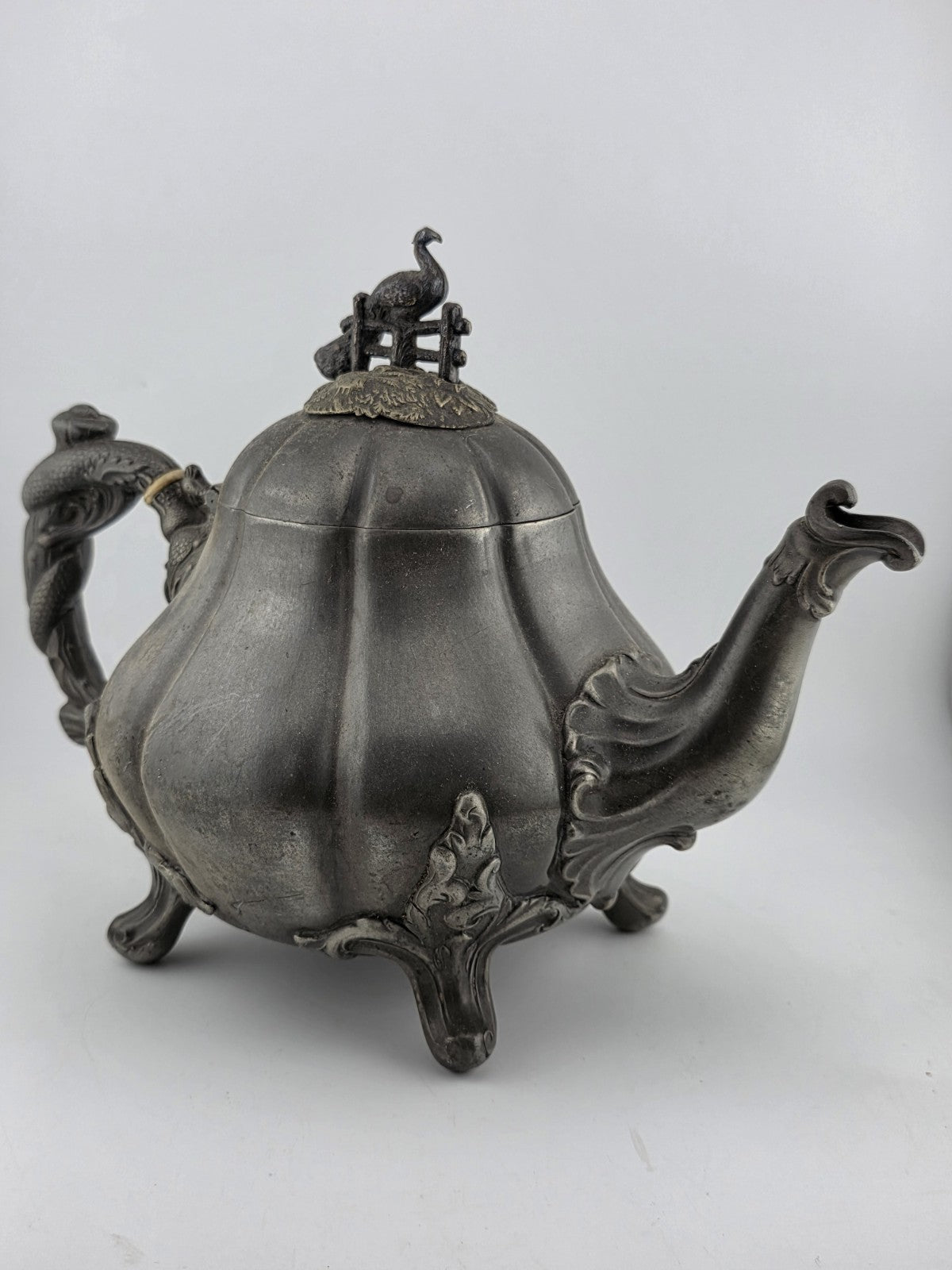 Rare Shaw & Fischer Sheffield Pewter Teapot Hinged Lid Snake Holding Fish Handle