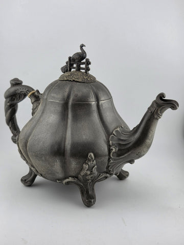 Rare Shaw & Fischer Sheffield Pewter Teapot Hinged Lid Snake Holding Fish Handle