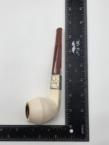 Antique Meerschaum Tobacco Pipe Sterling Silver Mount Cognac Amber Stem c.1890