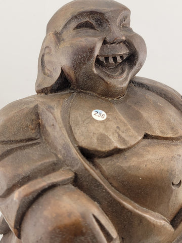 Vintage Large Hand Carved Solid Wooden LAUGHING BUDDHA Holding Bag Of Money 10”