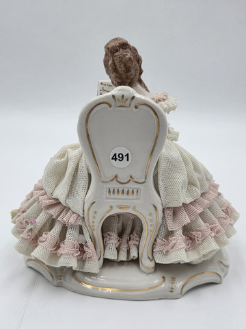 Vintage M.Z. Ireland Dresden Lace Porcelain Figurine Lady Reading Book Seated