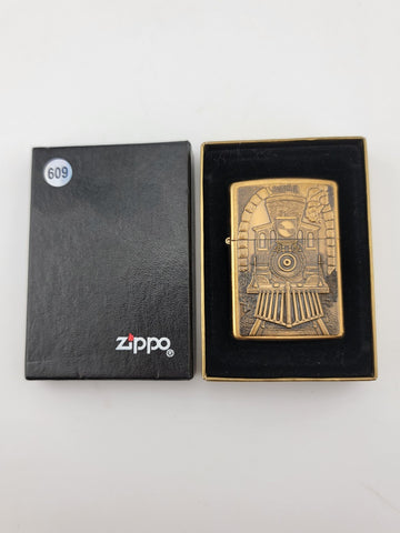 UNFIRED 1995 SOLID BRASS ZIPPO WIND PROOF LIGHTER GREAT AMERICAN TRAIN W BOX