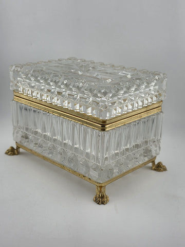 French Baccarat Style Jewelry Casket Footed Box Heavy Crystal Glass Hinged Lid