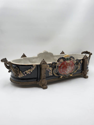 ANTIQUE XL CASTILIAN PORCELAIN BRONZE BOWL CENTERPIECE CLAWFOOT FLORAL VICTORIAN