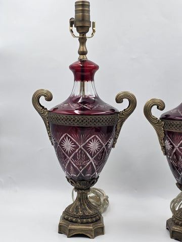 Pair Bohemian Ruby Red Crystal Lamp, Cut-to-Clear Czech Glass, Hollywood Regency