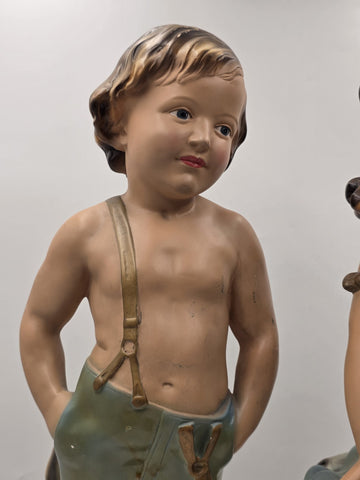 Paor huge 1920 French Art Deco Chalkware polychrome boy & girl figurine statues