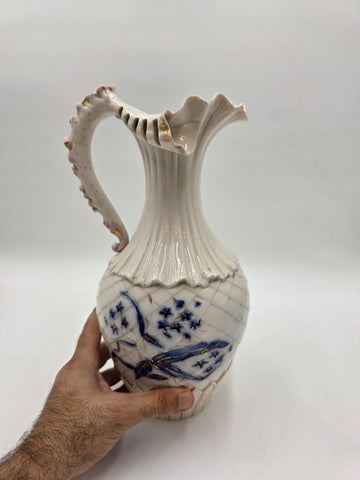 Antique 19th C Royal Worcester 1892 Porcelain Blue & Gold Floral Relief Pitcher