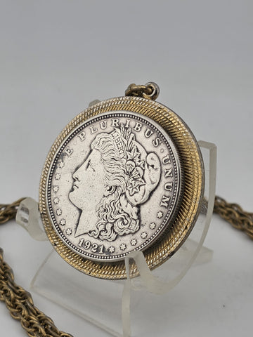 Antique 1921 Morgan Silver Dollar Pendant & 24" Gold Plated chain.